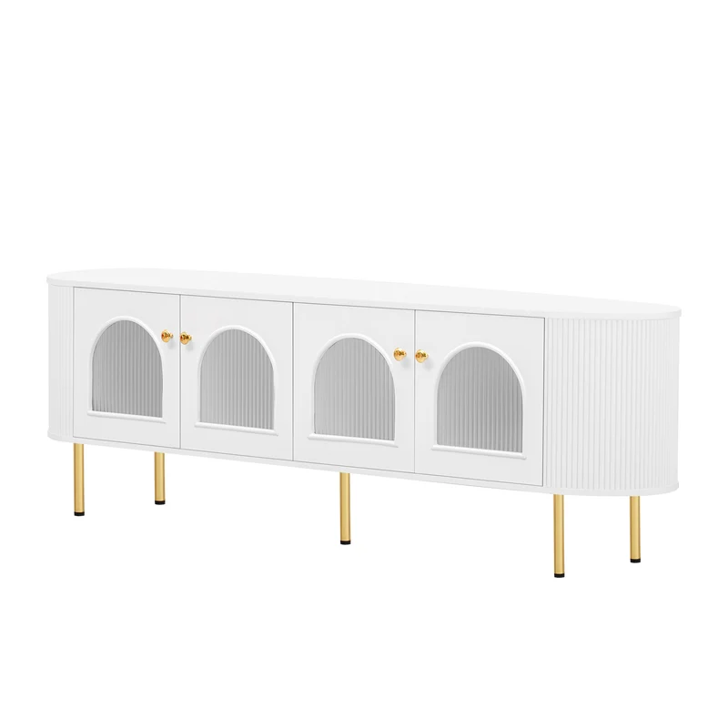 Meuble TV blanc style bohème cotés arrondis 4 portes en verre poignées et pieds dorés OMHENS WHITE