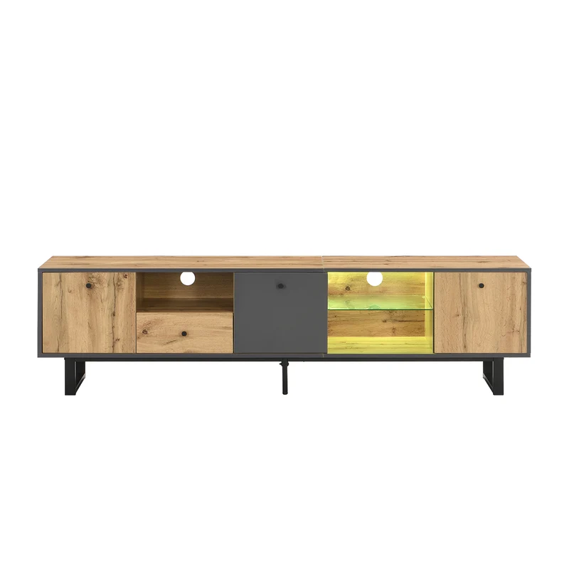 Meuble TV effet bois et gris avec LED cloison en verre INPHE