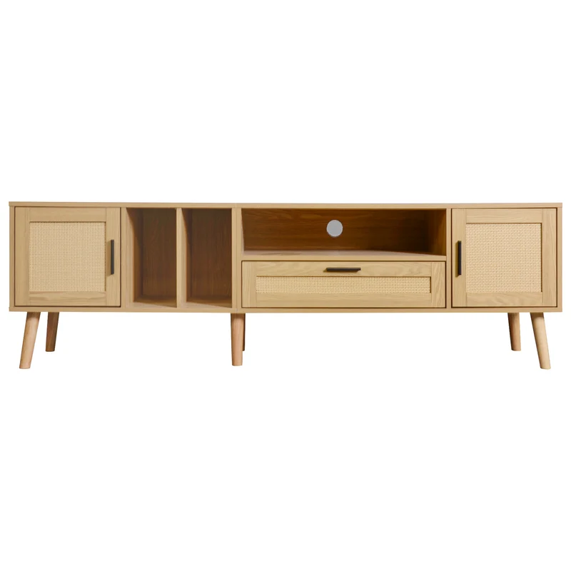 Meuble TV effet bois décoration en rotin 2 portes et un tiroir 180cm BRAVVANS