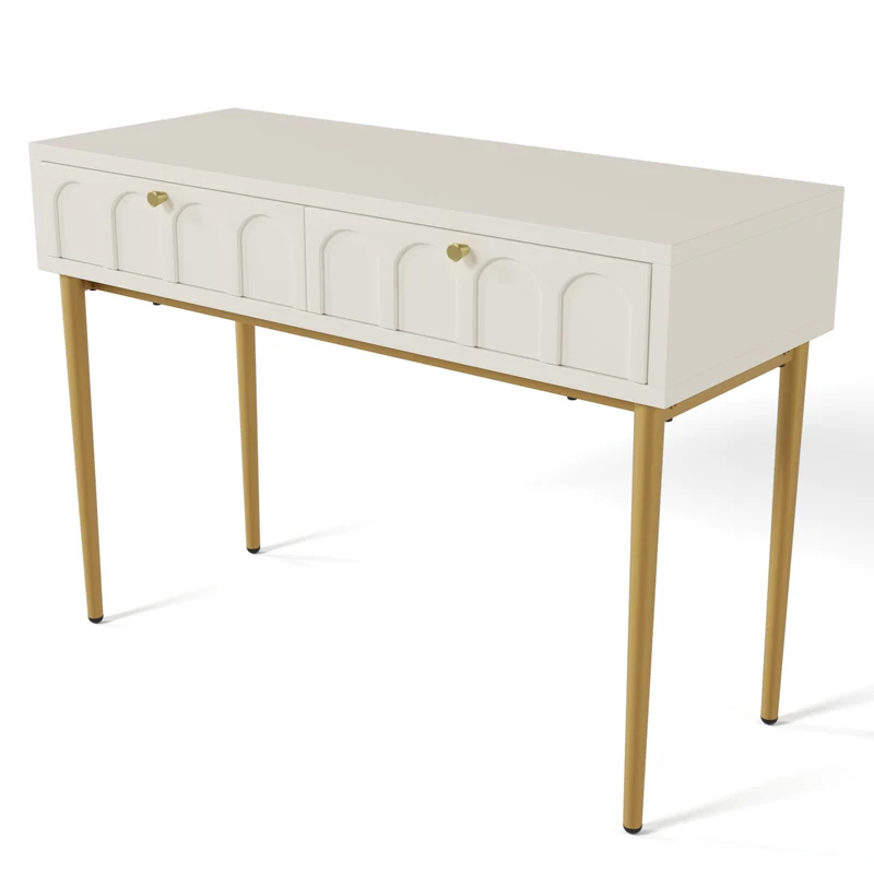Console Coiffeuse élégante avec 2 tiroirs blanc crème structure et poignée dorée 100x45cm FULZEL