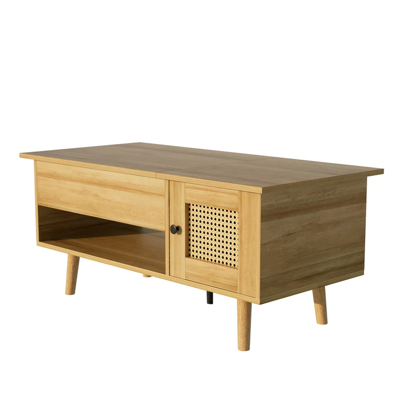 Table basse relevable effet bois 2 portes en rotin 103*50cm DHANNANS