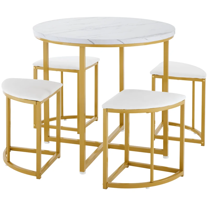 Ensemble table de salle à manger avec 4 chaises blanc et structure doré ATEIX WHITE