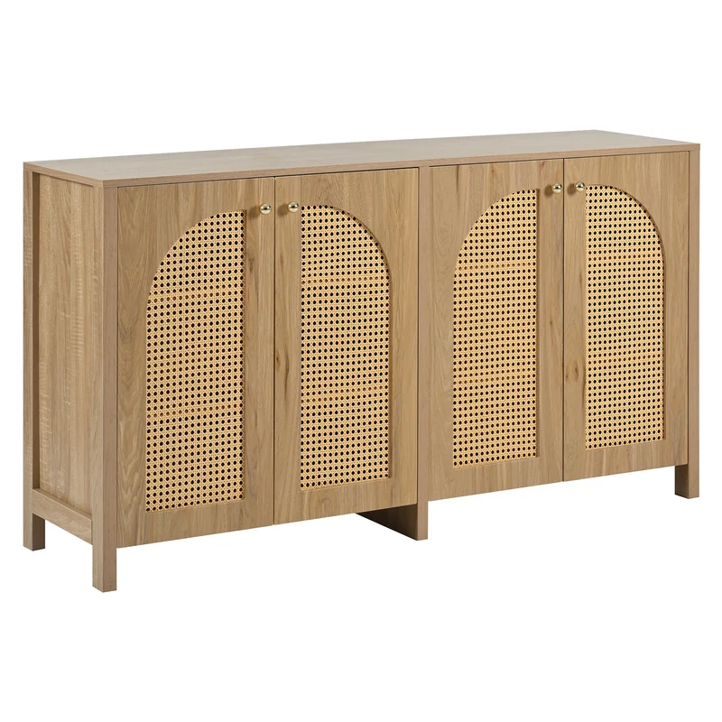 Buffet effet bois avec 4 portes en rotin synthétique et poignées métalliques DREQE