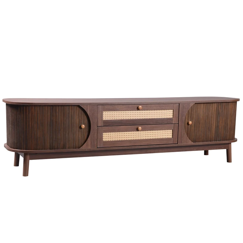 Meuble TV en effect bois noyer et rotin avec portes coulissantes - style rétro TRENCHSOUND