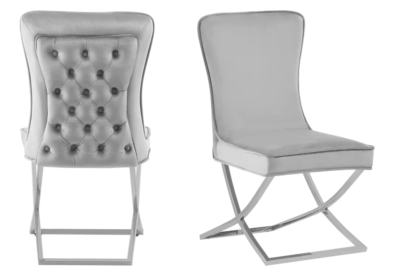 Chaise capitonnée pied croisé argent grise - Enzo x2