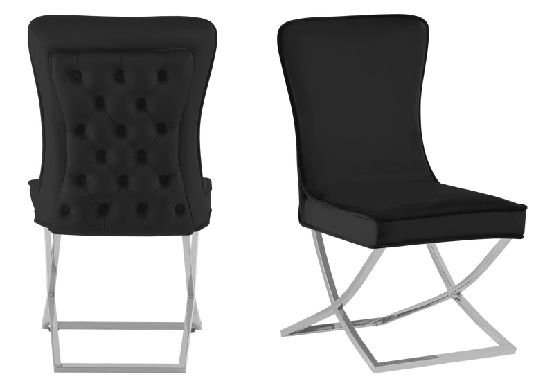 Chaise capitonnée pied croisé argent noire - Enzo x2