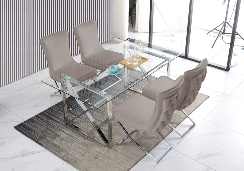 Table verre et 4 chaises velours taupe argent - Enzo