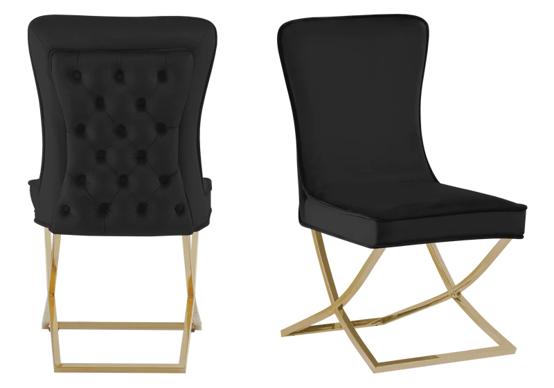 Chaise capitonnée pied croisé doré noire - Enzo x2