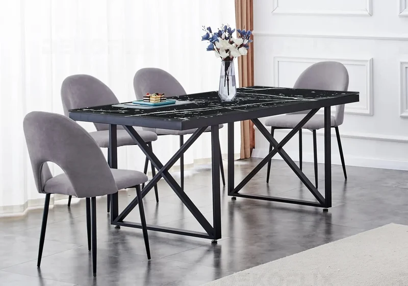 Table marbre noir et chaises anthracites - Clara