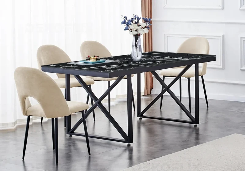 Table marbre noir et chaises taupes - Clara