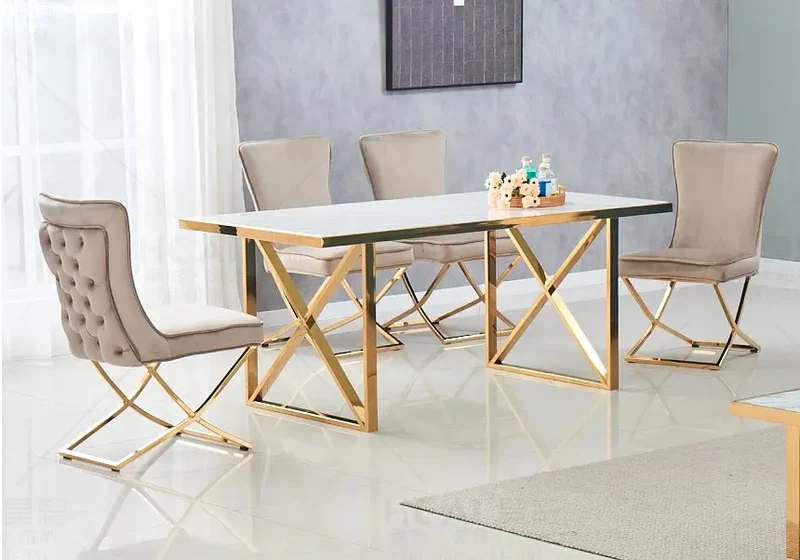 Ensemble table et chaises dorées velours taupe - Clara