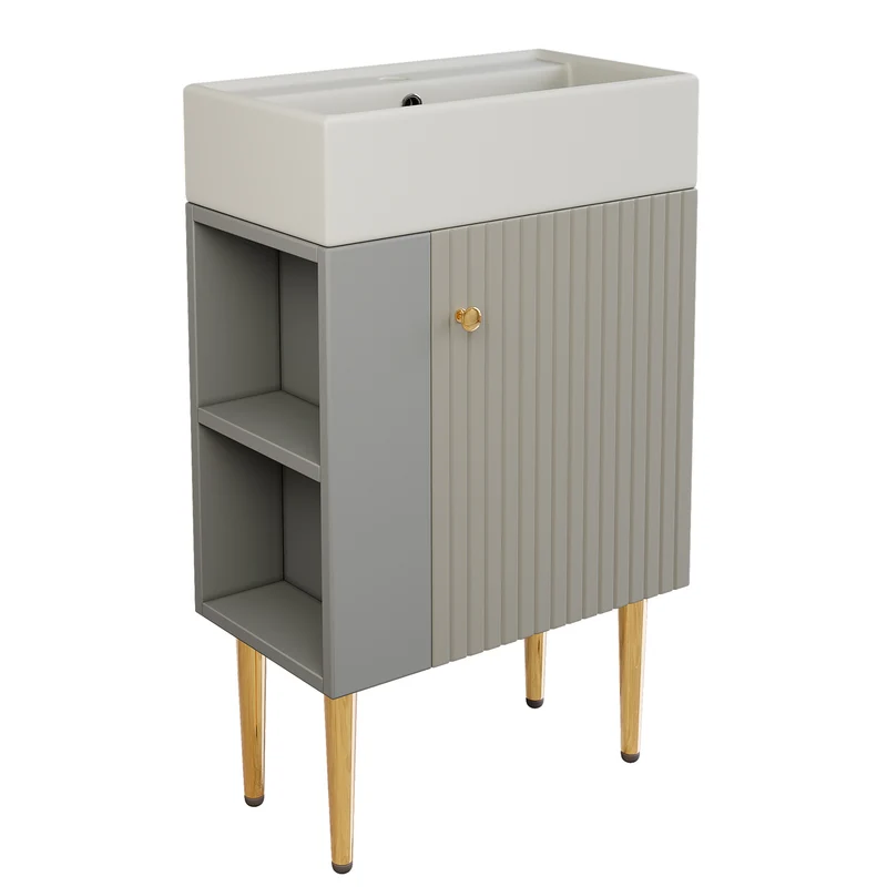 Meuble de salle de bain gris clair avec vasque blanc et pieds dorés (robinet non inclus) SCOPA