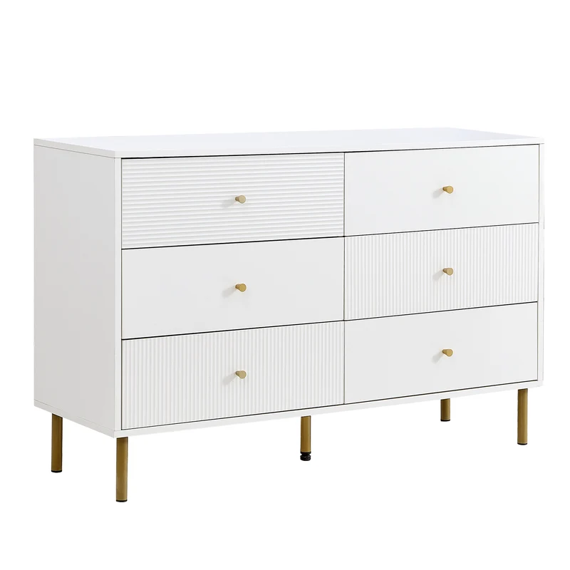 Buffet modern blanc à 6 tiroirs avec façades texturées et poignées dorées CHROMAFLASH