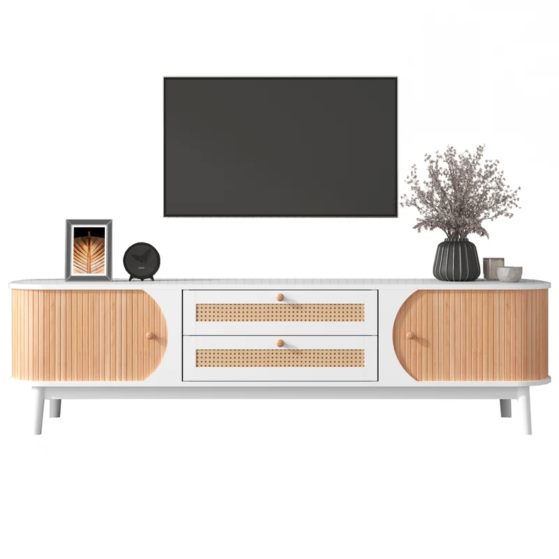 Meuble TV naturelle effet de bois blanc avec portes et tiroirs en rotin KHARQRUIDS