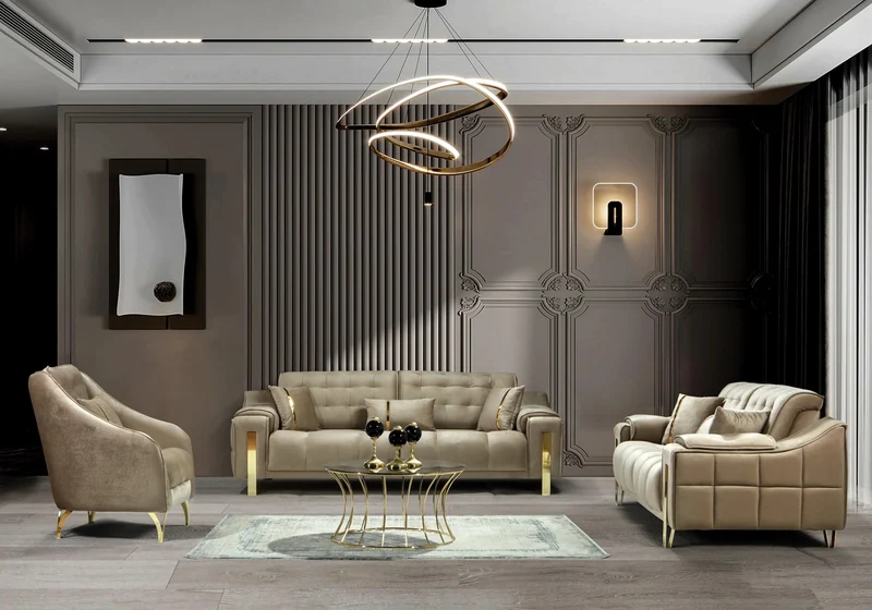 Canapé Turc Capitonné Velours Beige Design Doré - SINEM