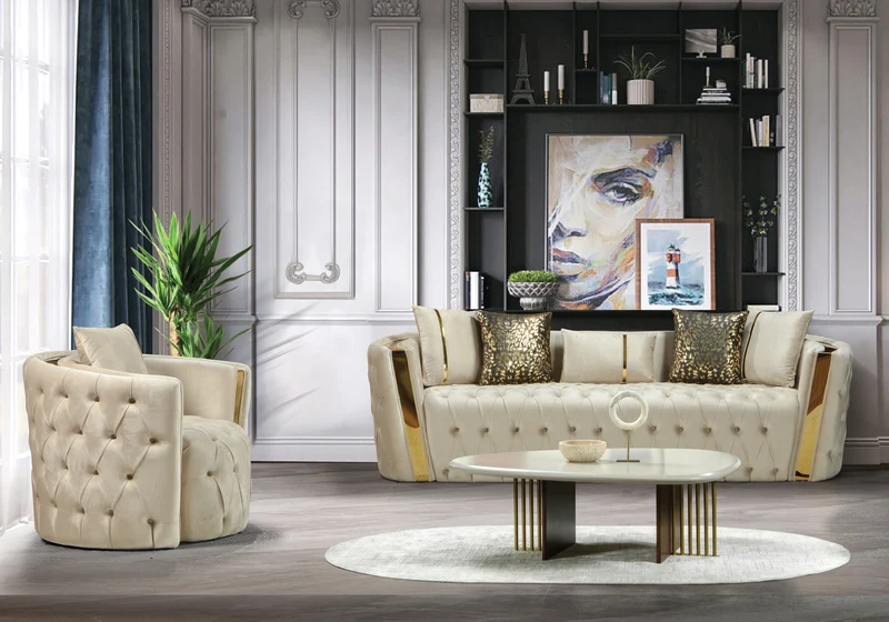 Canapé Turc Capitonné Chester Velours Beige Doré - NAPOLI