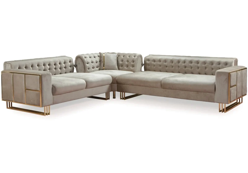 Canapé Turc Angle Capitonné Velours Beige Design Métal Doré – RIBELLA