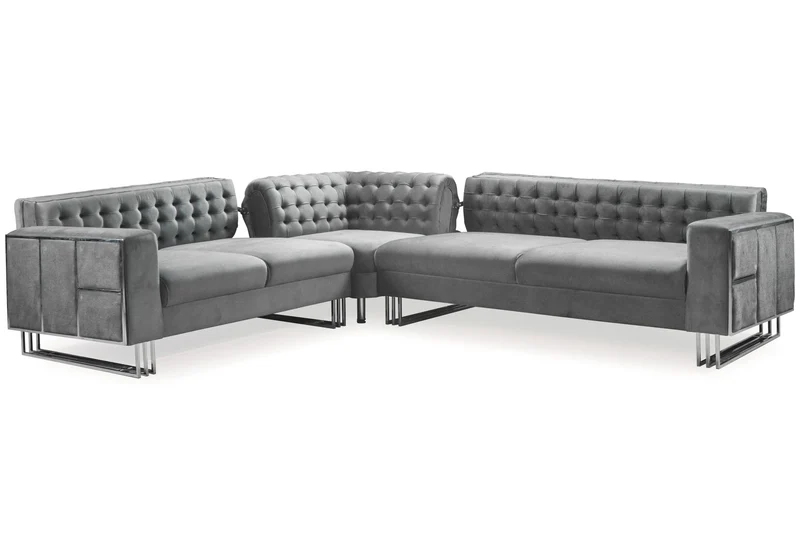 Canapé Turc Angle Capitonné Velours Gris Design Métal Argent – RIBELLA