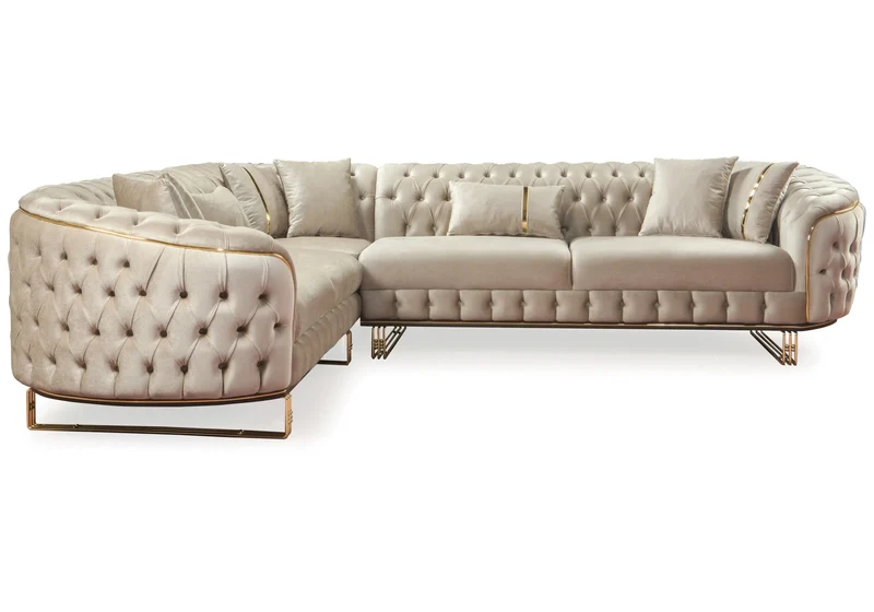 Canapé Turc Angle Capitonné Velours Beige Doré Chesterfield – PARIS