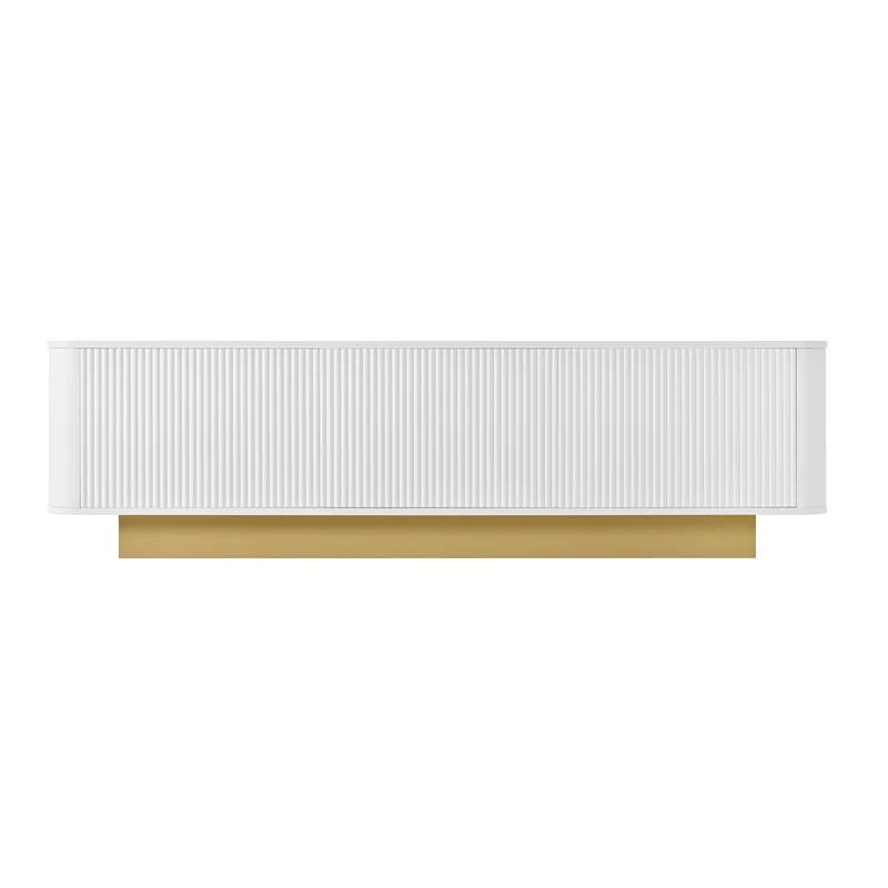 Meuble TV contemporain blanc aux finitions cannelées 3 portes battantes 170x40,5x47 cm CASCADEKAEL