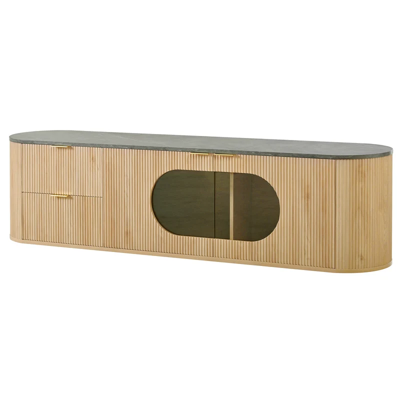 Meuble TV ovale contemporain effet bois naturel et béton gris avec vitrine 172x38x45,5 cm CASCADEPULSE