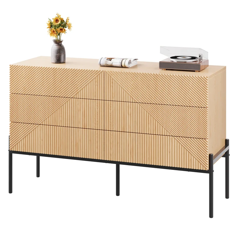 Buffet effet bois naturel géométrique 3D, 6 tiroirs 115,5x38x75cm CASCADEDYNE