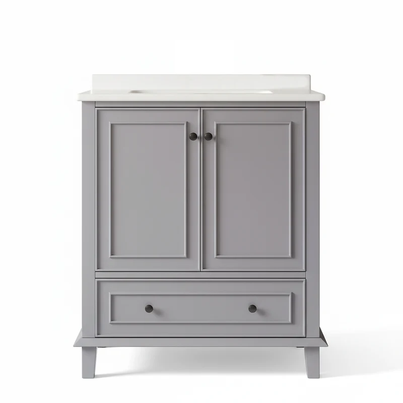 Meuble vasque gris sur pied avec vasque en céramique intégrée, double portes, tiroir et étagères (robinet non inclus) GELATIN