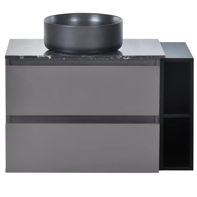 Meuble vasque suspendu avec vasque gris-noir, double tiroirs et plan en marbre noir (robinet non inclus) STROMATOL