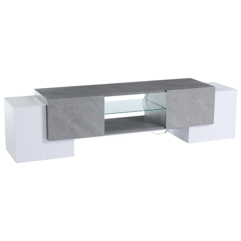 Meuble TV moderne blanc & gris étagère en verre avec éclairage LED GRIGVEK