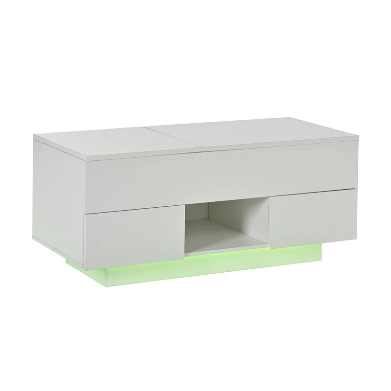 Table basse relevable blanc brillant 2 tiroirs avec LED 100x45x43cm QUASARTHAL