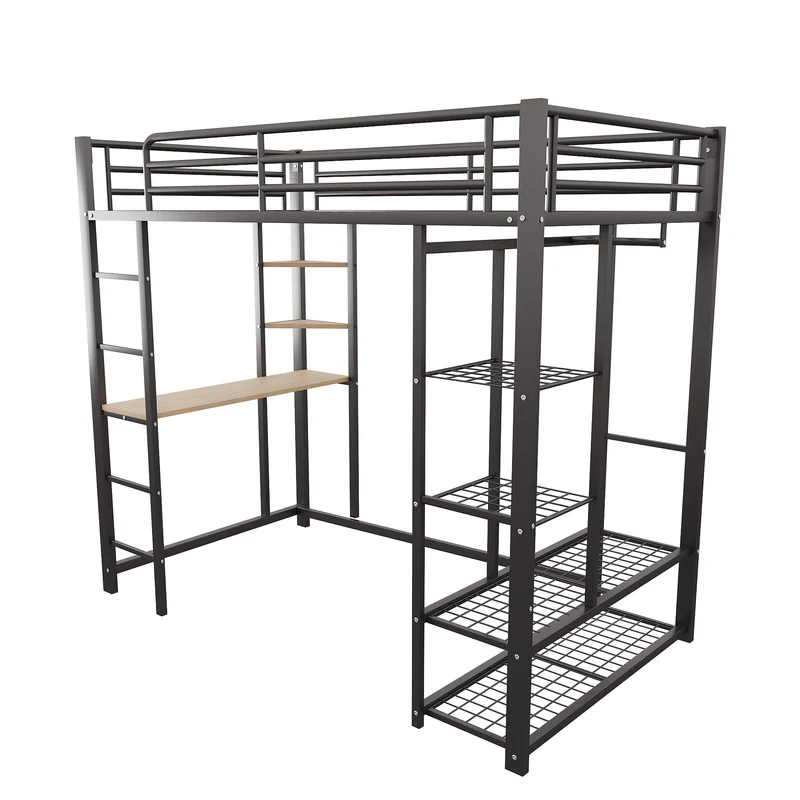Lit mezzanine métallique avec bureau, étagères et espace rangement 90*200 NUCCUKS