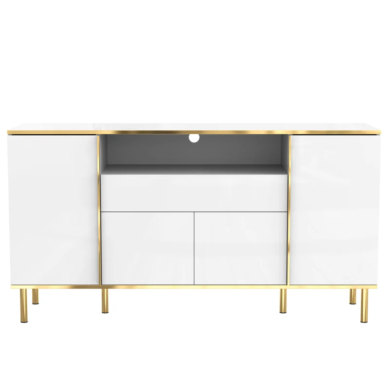 Buffet moderne luxe blanc avec éclairage LED accents dorés brillant YIRELL WHITE