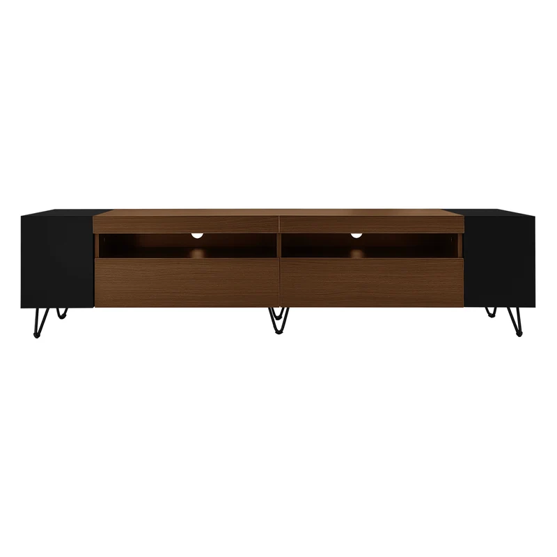Meuble TV noir et effet bois 2 porte battantes étagère ouvertes cotés 180*36*43cm VRALXID
