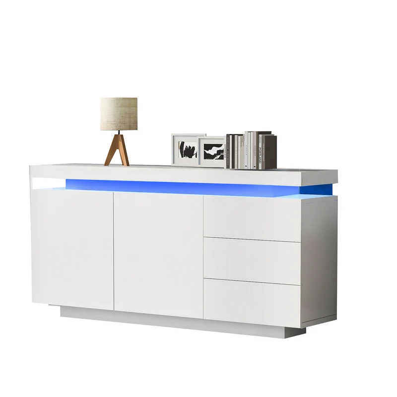 Buffet blanc laqué avec éclairage LED 2 portes 3 tiroirs ZUSTRONS
