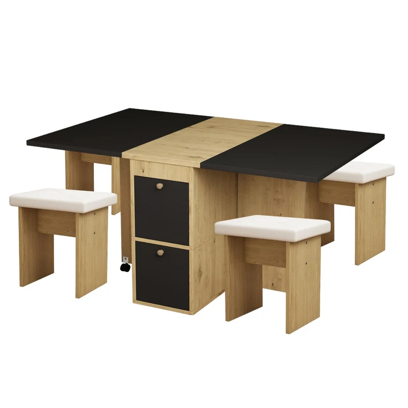 Ensemble table à manger table extensible pliante effet chêne rangement avec 4 tabourets blancs 120*80*75cm KONQRILS