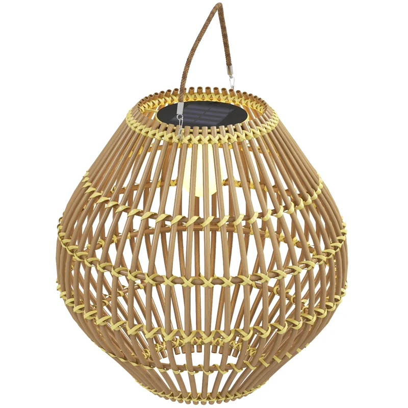 Lampe solaire suspendu extérieur rattan étanche avec capteur de lumière LED, design tambour Ø31x32cm DUSKDUNE