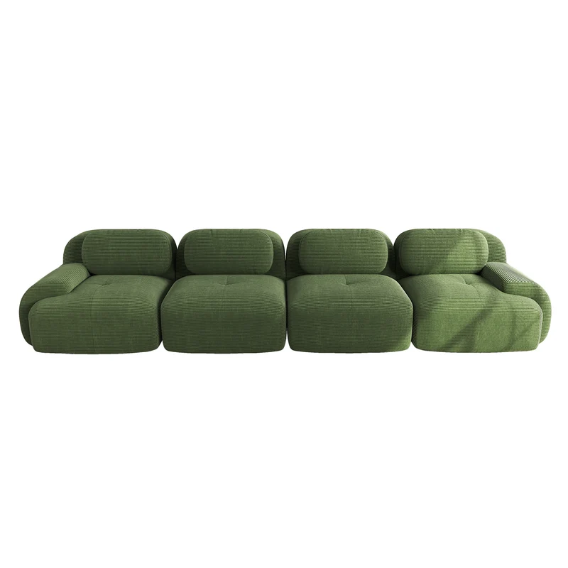 Grand canapé 4 places modulable en velours côtelé vert kaki avec accoudoirs courbés, confort premium, sans montage VANE