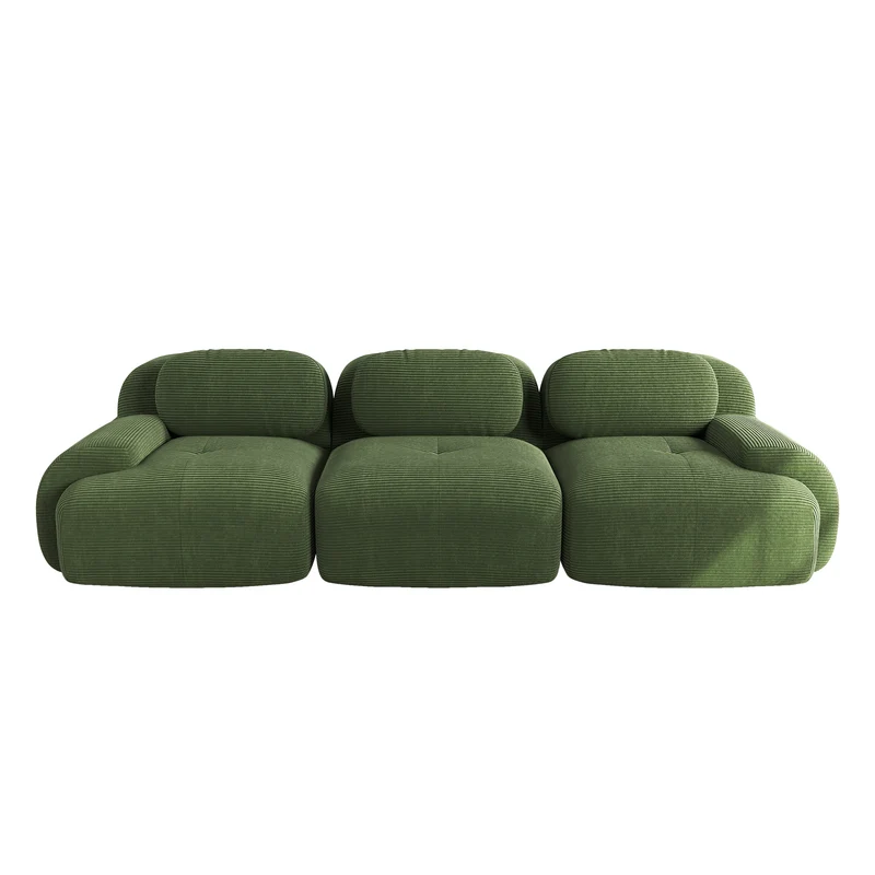 Canapé 3 places modulable en velours côtelé vert kaki et accoudoirs courbés, sans montage MERISTEM