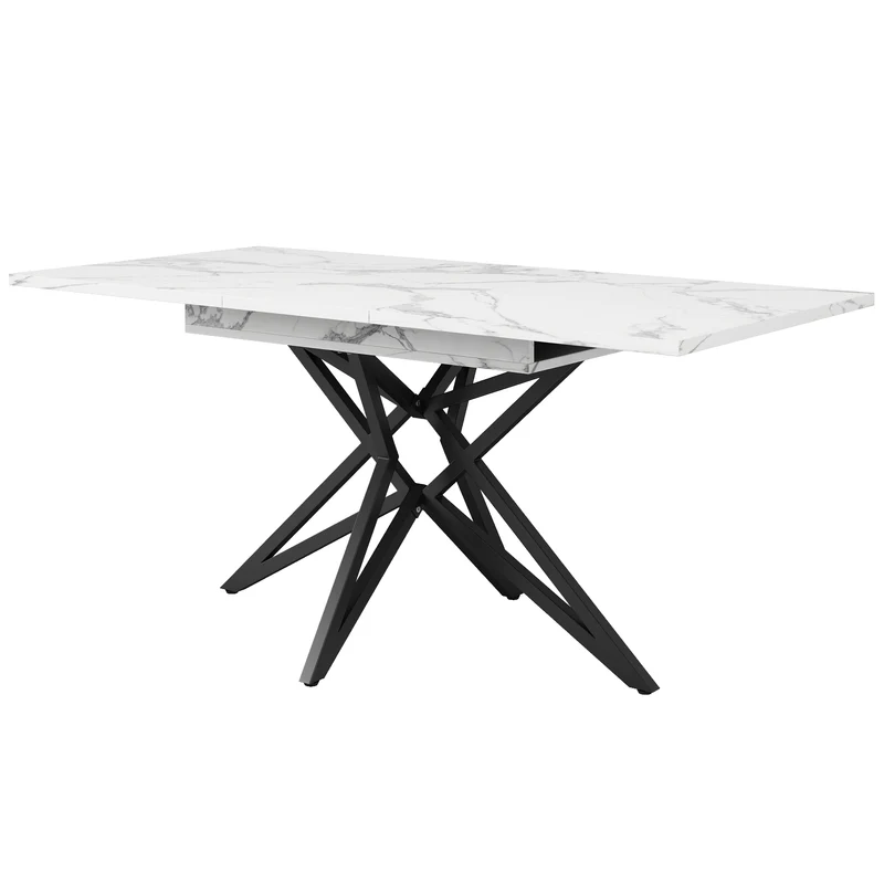 Table de salle à manger extensible imitation marbre blanc 120-160cm et pieds noir en forme d'étoile FISHSCALE