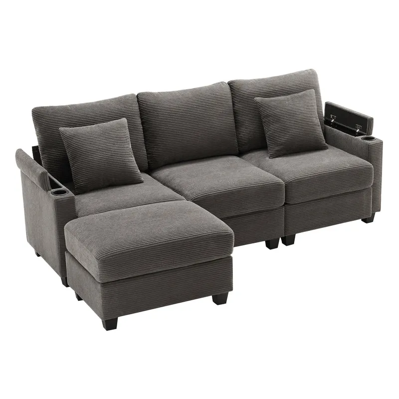 Canapé d'angle modulable velours côtelé gris, 3-4 places avec pouf amovible, ports USB et porte-gobelets GEYSERFOUNT