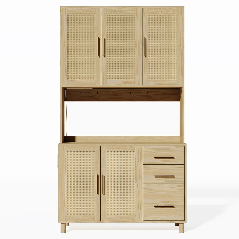 Vaisselier de cuisine en effet bois et rotin, éclairage LED, prises intégrées BRUQEIDS WOOD
