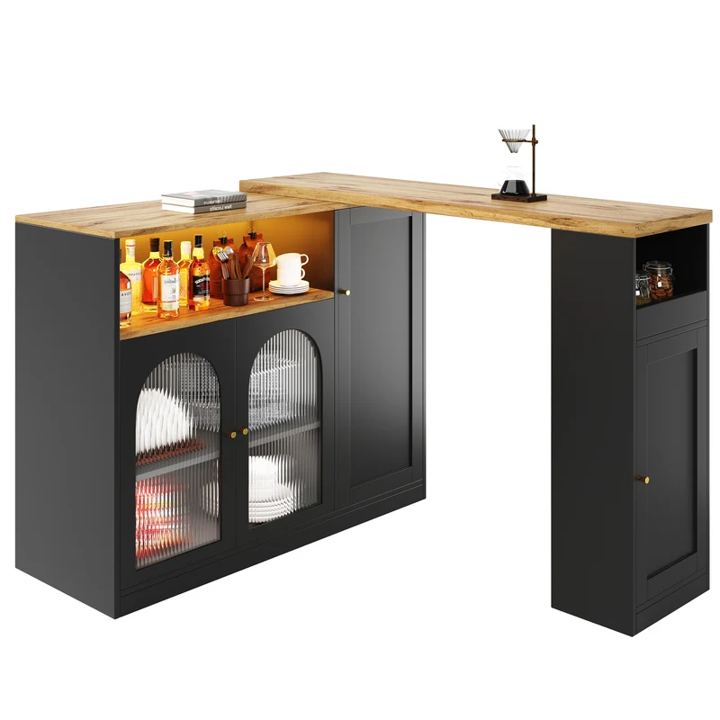 Table de bar rotative 360° effet bois et noir mat avec porte vitrée et éclairage LED 198x39,6x97cm ALIGNLA
