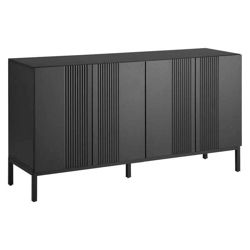 Buffet moderne noir 4 portes à motifs rainurés sans poignées 145x41,5x80 cm VERTEXIRE