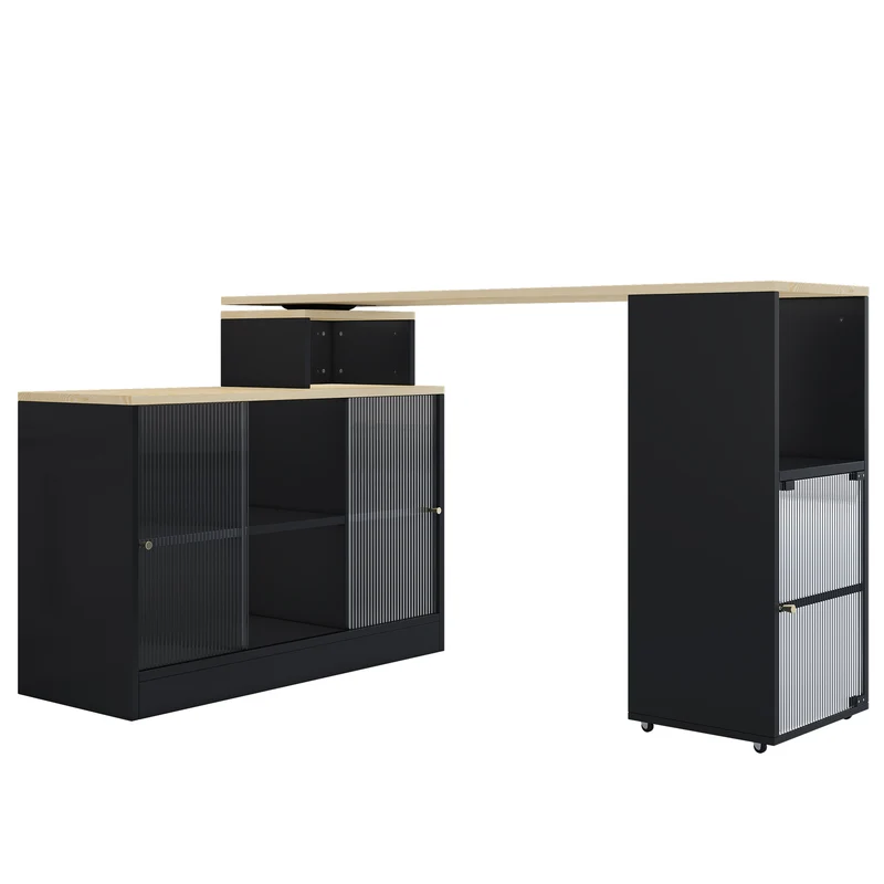 Table de bar rotative extensible effet bois, noir et verre SOLSTICEENO