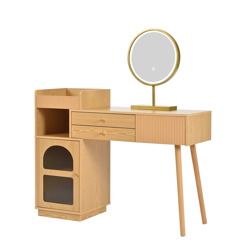 Coiffeuse moderne effet bois avec un miroir LED d'éclairage, 3 tiroirs et une armoire latérale (sans tabouret) IMMUNE