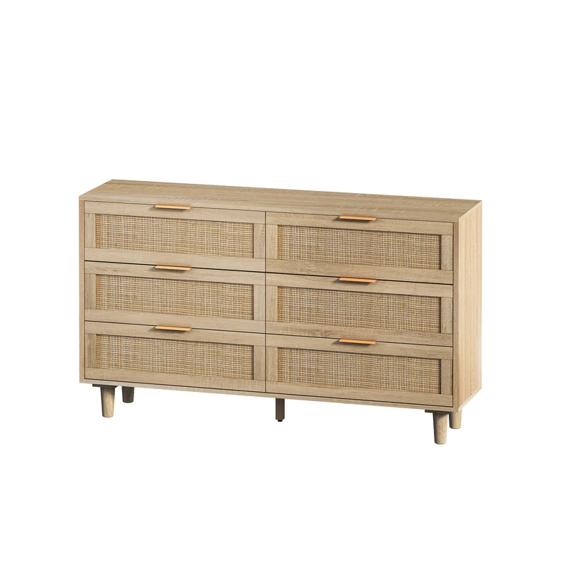 Buffet élégant effet bois 6 tiroirs avec rotin PHOTTU 130 WOOD