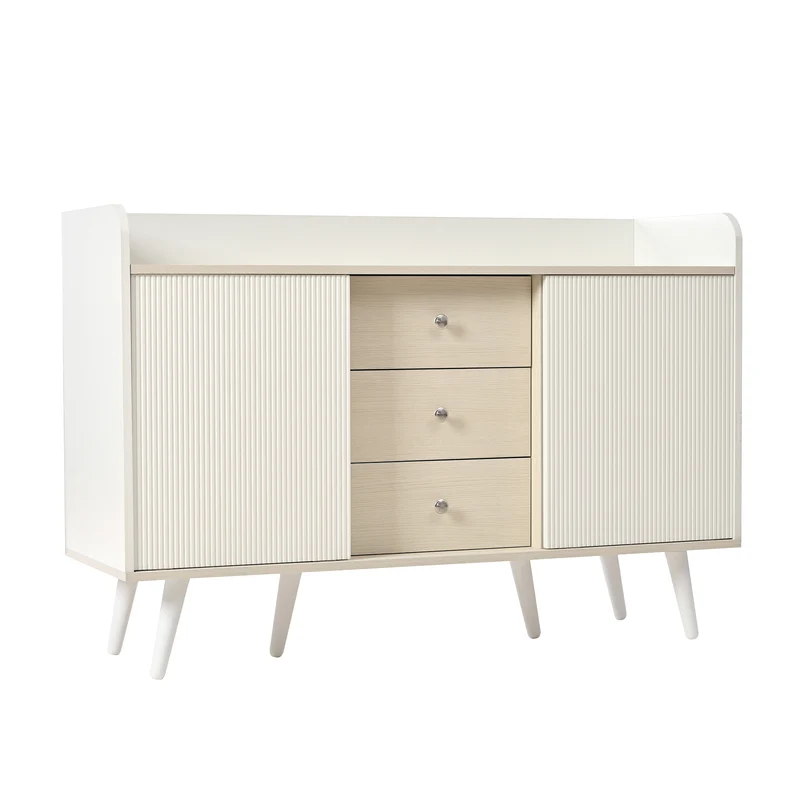 Buffet blanc ondulé avec 3 tiroirs 2 portes coulissantes et pieds en bois massif GLAND