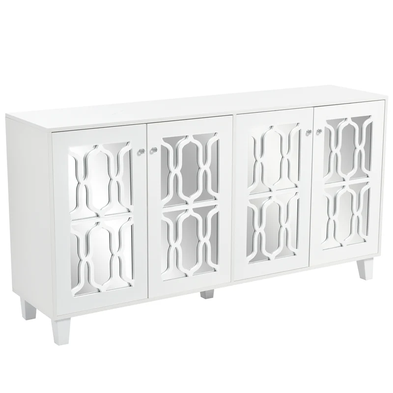 Buffet blanc design 4 portes miroir motif géométrique et poignées en cristal froid 160*40*84cm VOVRATH WHITE