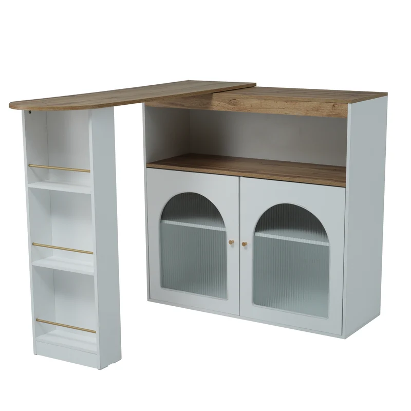 Table de bar extensible rotative moderne blanc avec rangement et bande lumineuse LED THRUTELS WHITE