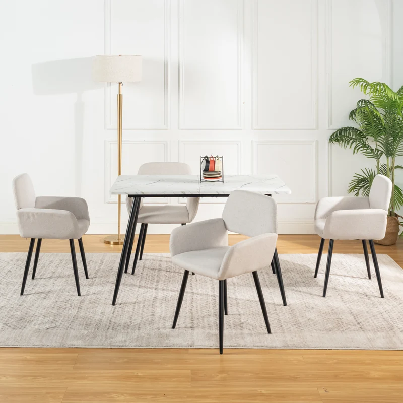 Ensemble table blanche effet marbre et 4 chaises tissu beige WHALEN WHITE MARBLE TABLE 120 KD + MAYFAIR BEIGE*2